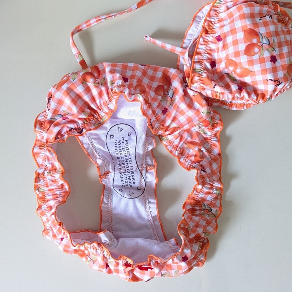 Shein 2Pcs Set Lemon Orange Plaid Bikini With Red Bows. - Picture 6 of 8